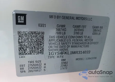 2021 Cadillac Escalade 4Wd Sport z USA, uszkodzony, nr VIN 1GYS4FKL1MR314033